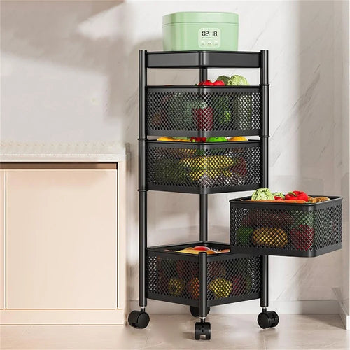 4-Tier Square Basket Kitchen Home Storage Cart Carbon Steel Rotating Shelves Fruits Vegetables Snacks Organizer - Black - 1