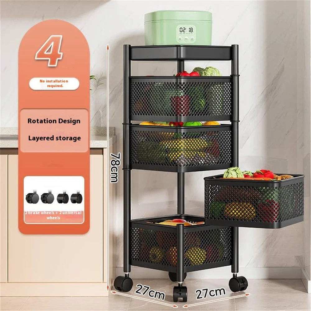 4-Tier Square Basket Kitchen Home Storage Cart Carbon Steel Rotating Shelves Fruits Vegetables Snacks Organizer - Black - 2