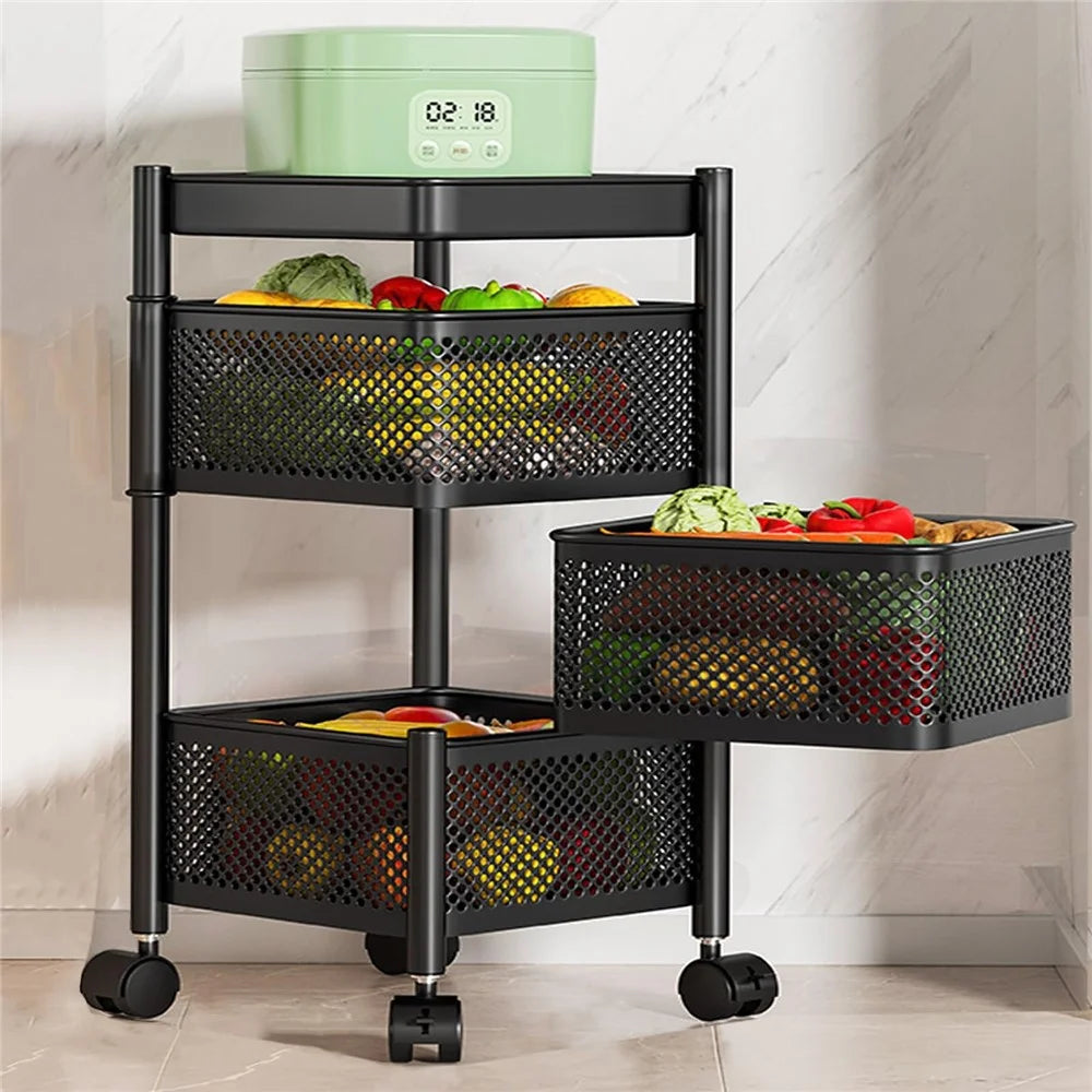 3-Tier Square Basket Kitchen Home Storage Cart Carbon Steel Rotating Shelves Fruits Vegetables Snacks Organizer - Black - 1