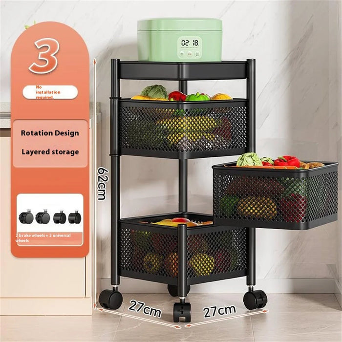 3-Tier Square Basket Kitchen Home Storage Cart Carbon Steel Rotating Shelves Fruits Vegetables Snacks Organizer - Black - 2