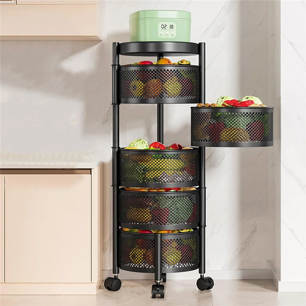 5-Tier Round Basket Kitchen Home Storage Cart Carbon Steel Rotating Shelves Fruits Vegetables Snacks Organizer - Black - 1