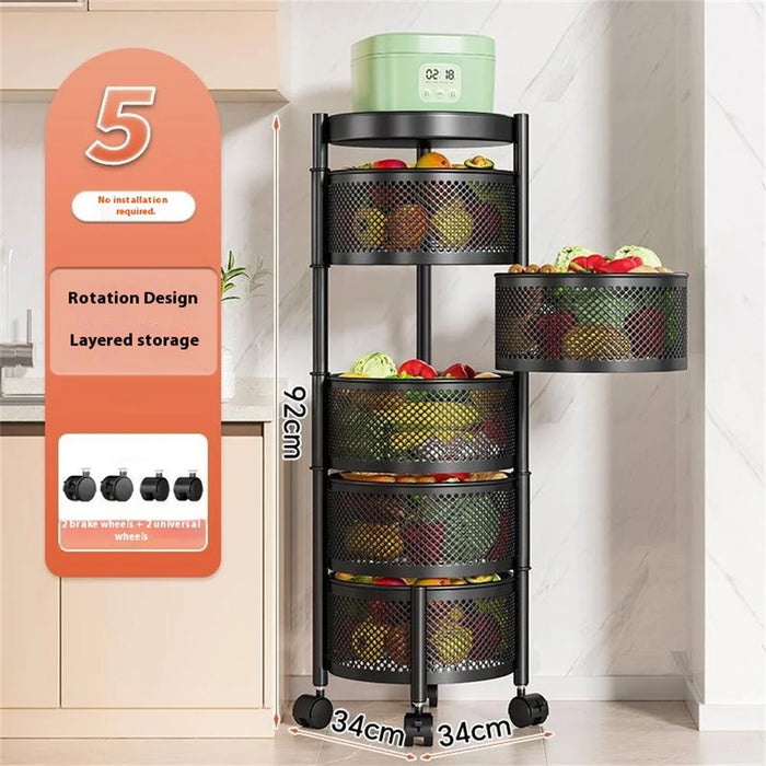 5-Tier Round Basket Kitchen Home Storage Cart Carbon Steel Rotating Shelves Fruits Vegetables Snacks Organizer - Black - 2