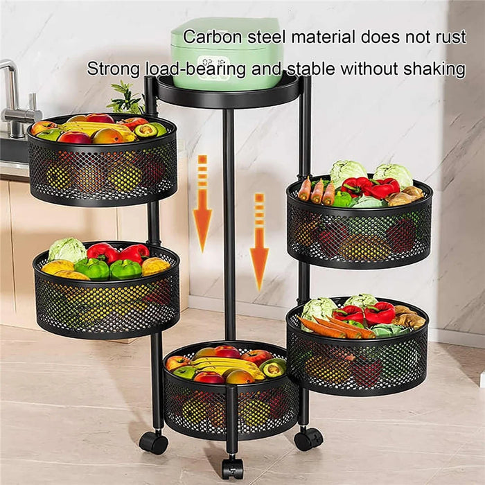 5-Tier Round Basket Kitchen Home Storage Cart Carbon Steel Rotating Shelves Fruits Vegetables Snacks Organizer - Black - 3