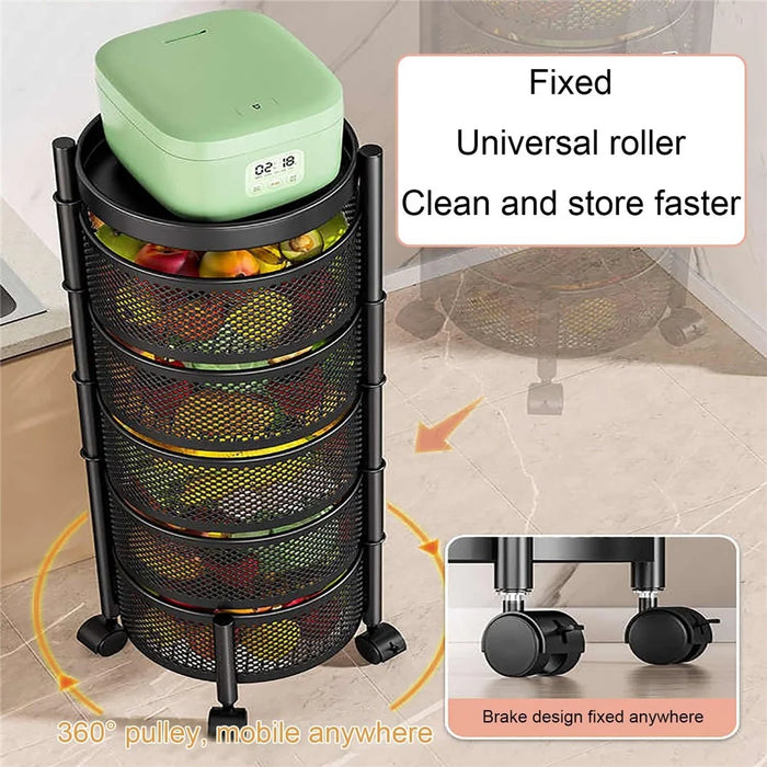 5-Tier Round Basket Kitchen Home Storage Cart Carbon Steel Rotating Shelves Fruits Vegetables Snacks Organizer - Black - 4