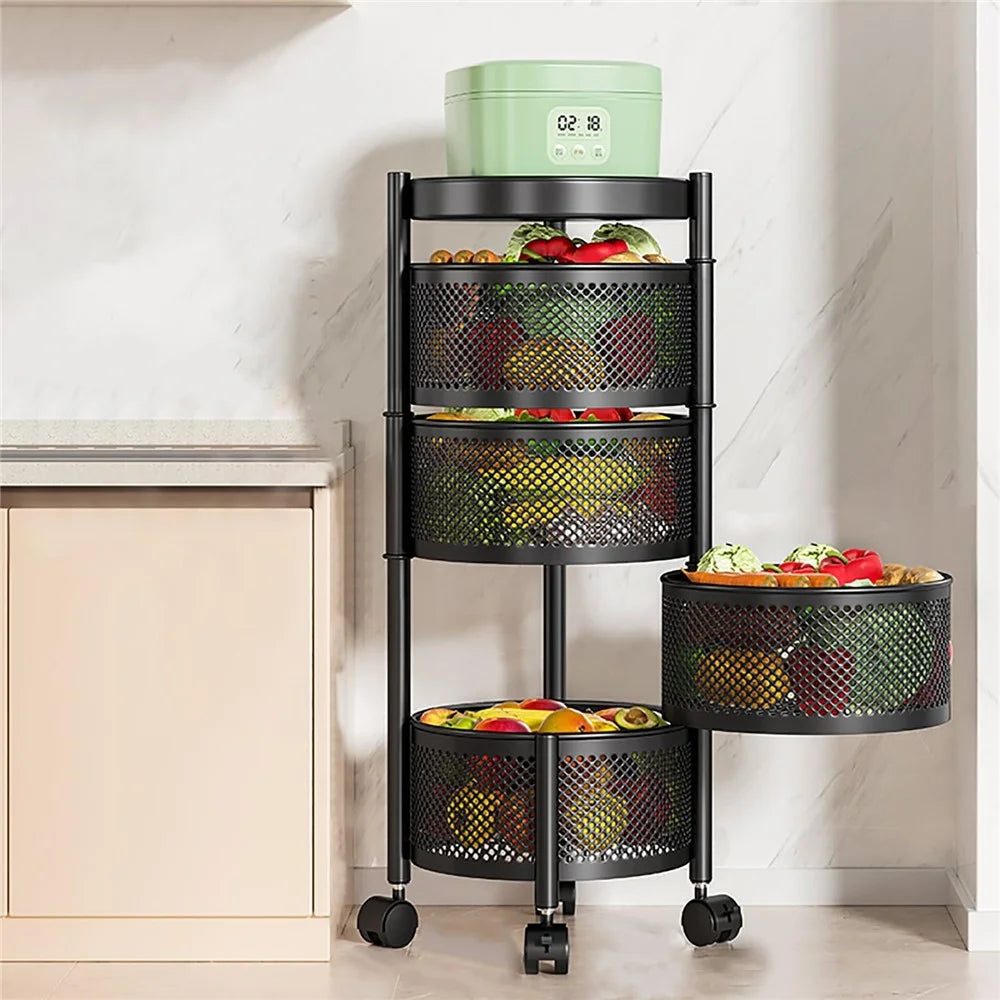 4-Tier Round Basket Kitchen Home Storage Cart Carbon Steel Rotating Shelves Fruits Vegetables Snacks Organizer - Black - 1