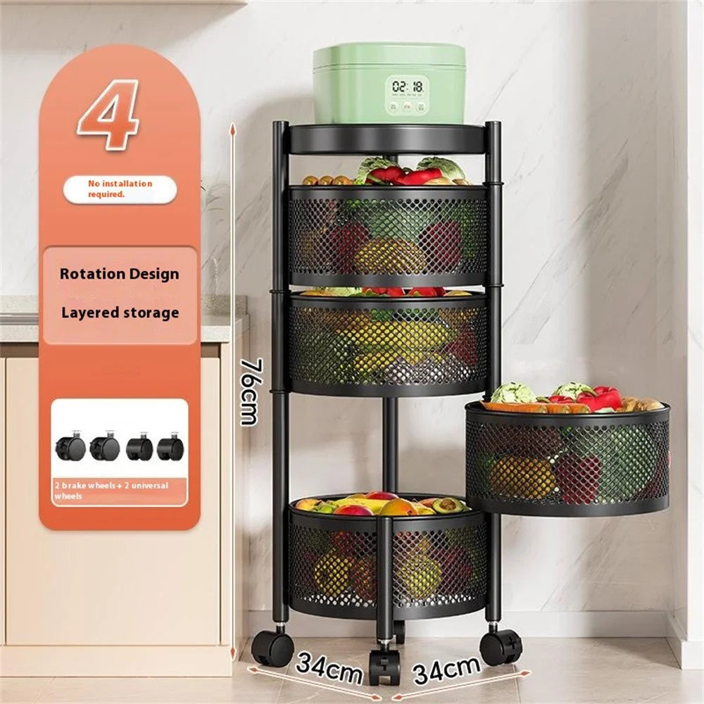 4-Tier Round Basket Kitchen Home Storage Cart Carbon Steel Rotating Shelves Fruits Vegetables Snacks Organizer - Black - 2