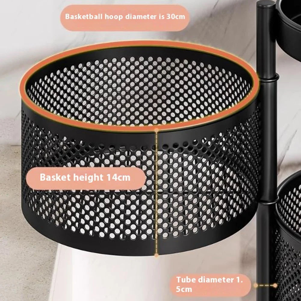 4-Tier Round Basket Kitchen Home Storage Cart Carbon Steel Rotating Shelves Fruits Vegetables Snacks Organizer - Black - 3