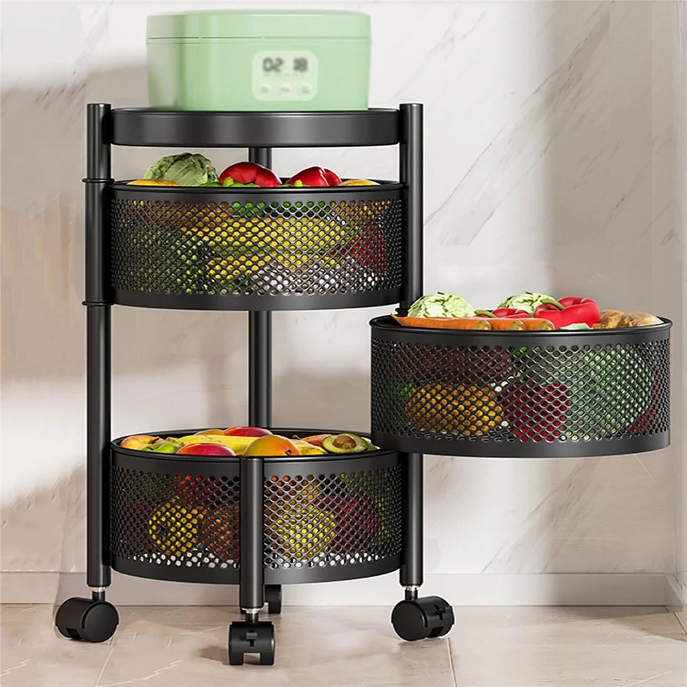 3-Tier Round Basket Kitchen Home Storage Cart Carbon Steel Rotating Shelves Fruits Vegetables Snacks Organizer - Black - 1