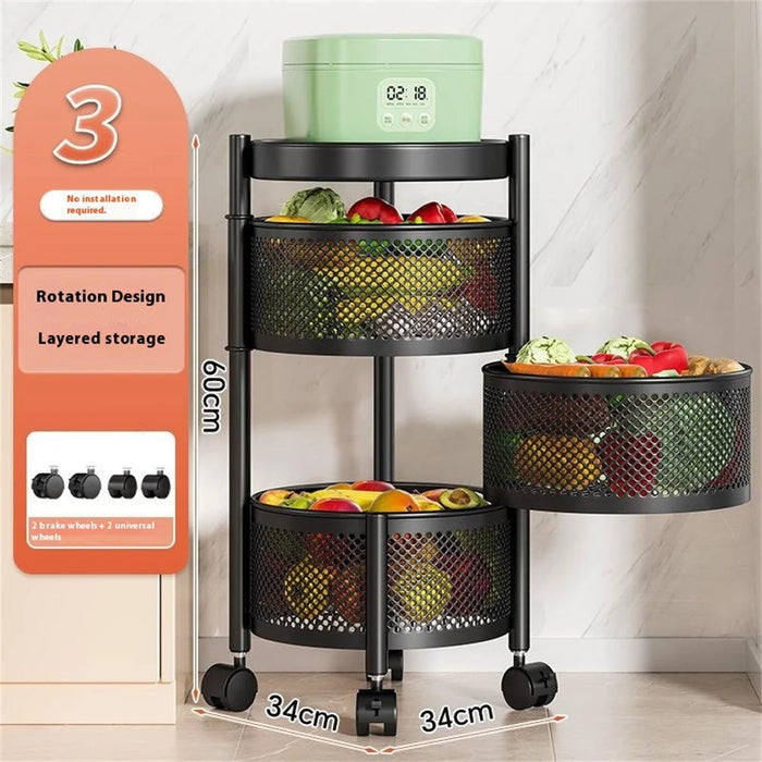 3-Tier Round Basket Kitchen Home Storage Cart Carbon Steel Rotating Shelves Fruits Vegetables Snacks Organizer - Black - 2