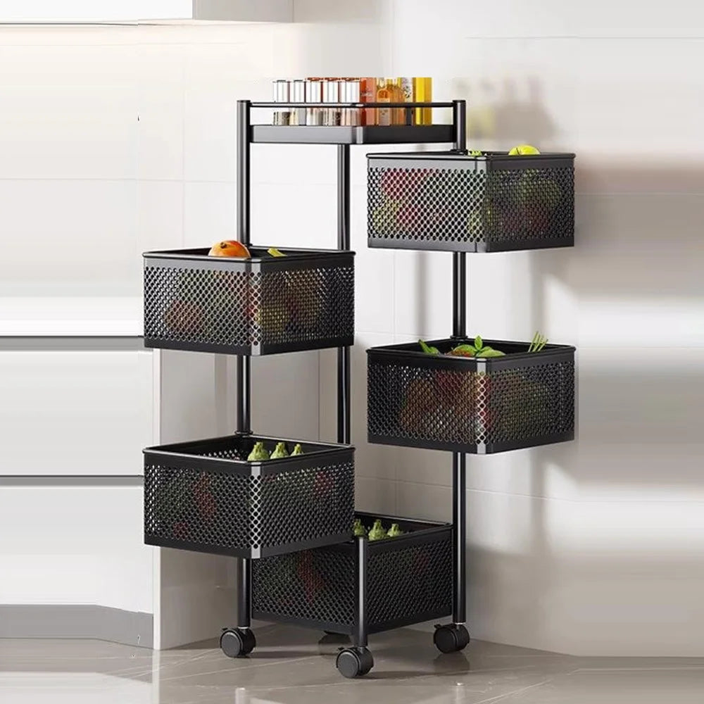 5-Tier Rotating Basket Home Storage Cart Carbon Steel Kitchen Fruits Vegetables Snacks Organizer - Black - 1