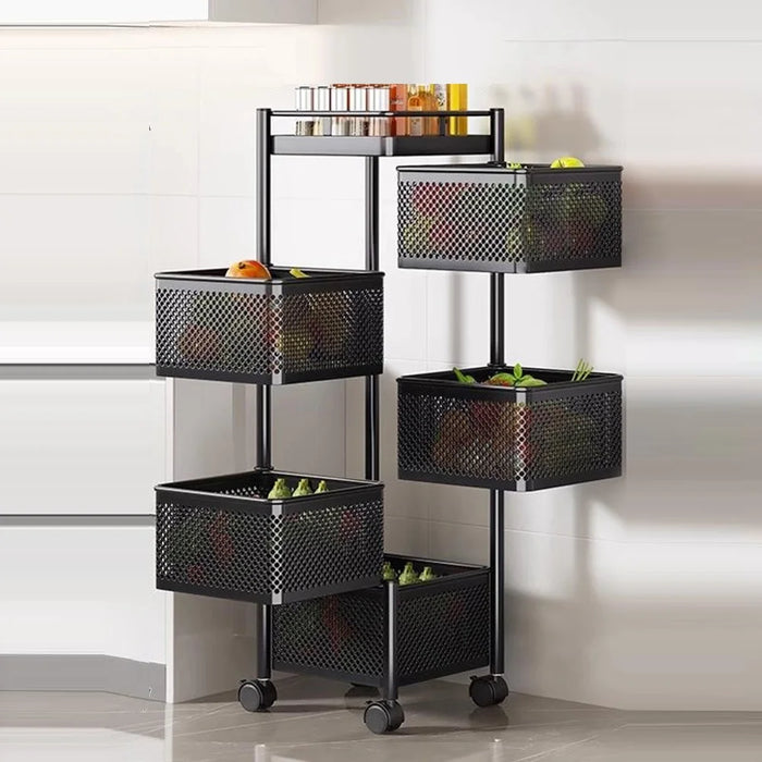 5-Tier Rotating Basket Home Storage Cart Carbon Steel Kitchen Fruits Vegetables Snacks Organizer - Black - 1