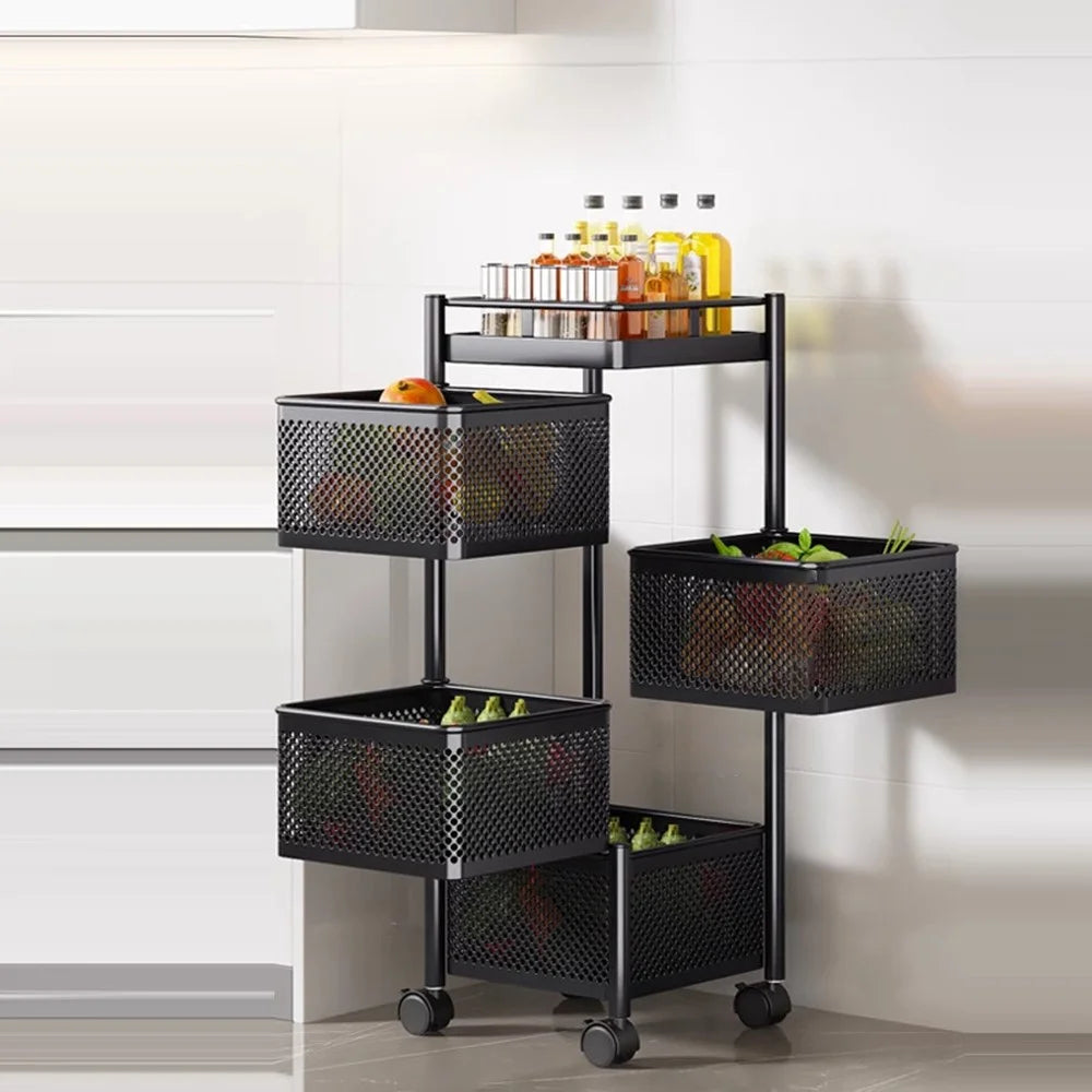 4-Tier Rotating Basket Home Storage Cart Carbon Steel Kitchen Fruits Vegetables Snacks Organizer - Black - 1
