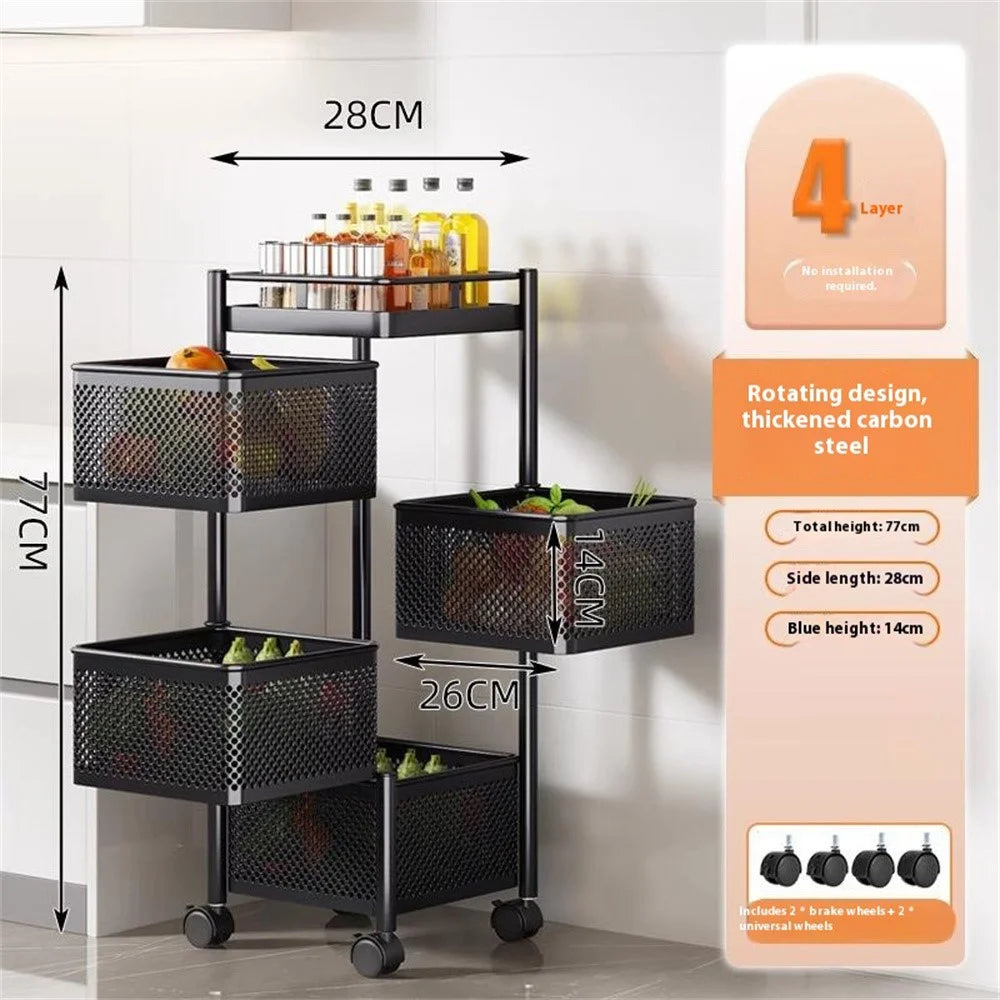 4-Tier Rotating Basket Home Storage Cart Carbon Steel Kitchen Fruits Vegetables Snacks Organizer - Black - 2