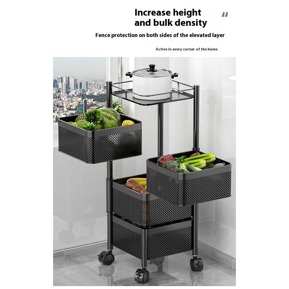 4-Tier Rotating Basket Home Storage Cart Carbon Steel Kitchen Fruits Vegetables Snacks Organizer - Black - 3
