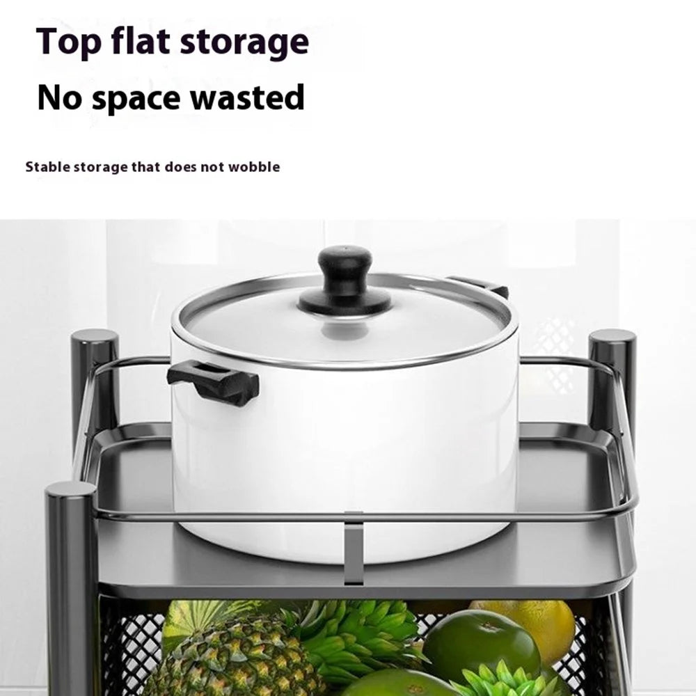 4-Tier Rotating Basket Home Storage Cart Carbon Steel Kitchen Fruits Vegetables Snacks Organizer - Black - 4
