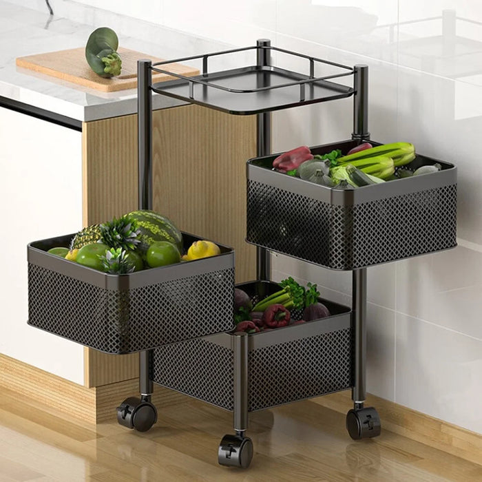 3-Tier Rotating Basket Home Storage Cart Carbon Steel Kitchen Fruits Vegetables Snacks Organizer - Black - 5