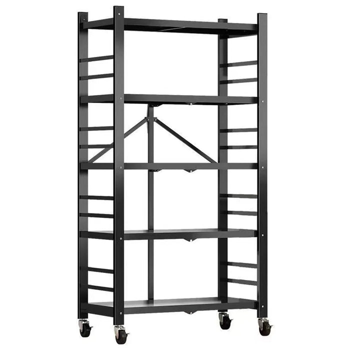 5 Tiers Foldable Kitchen Storage Rack Heavy Duty Carbon Steel Shelf for Microwave Oven with Wheels - Black - 2