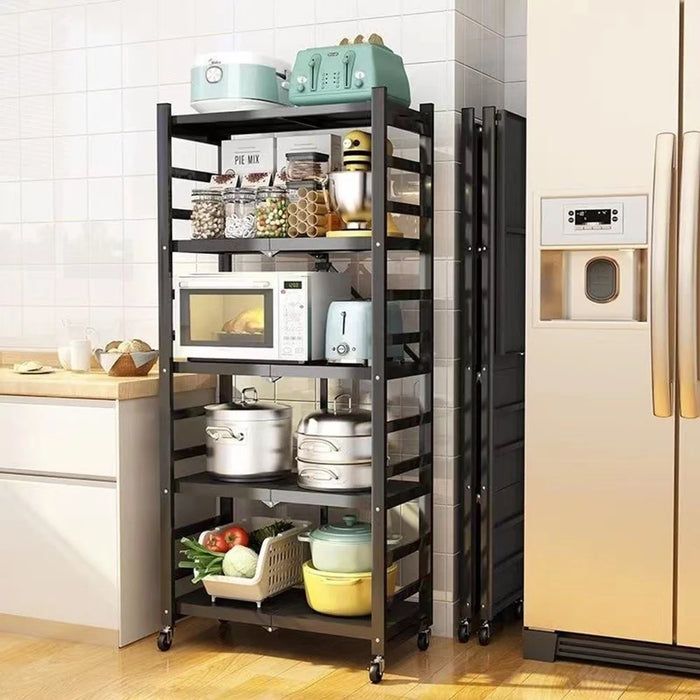 5 Tiers Foldable Kitchen Storage Rack Heavy Duty Carbon Steel Shelf for Microwave Oven with Wheels - Black - 3