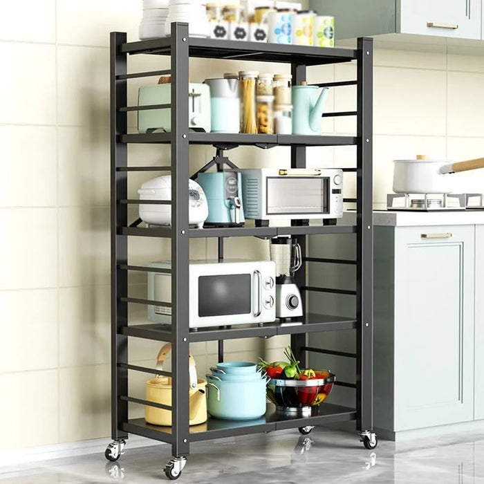 5 Tiers Foldable Kitchen Storage Rack Heavy Duty Carbon Steel Shelf for Microwave Oven with Wheels - Black - 4