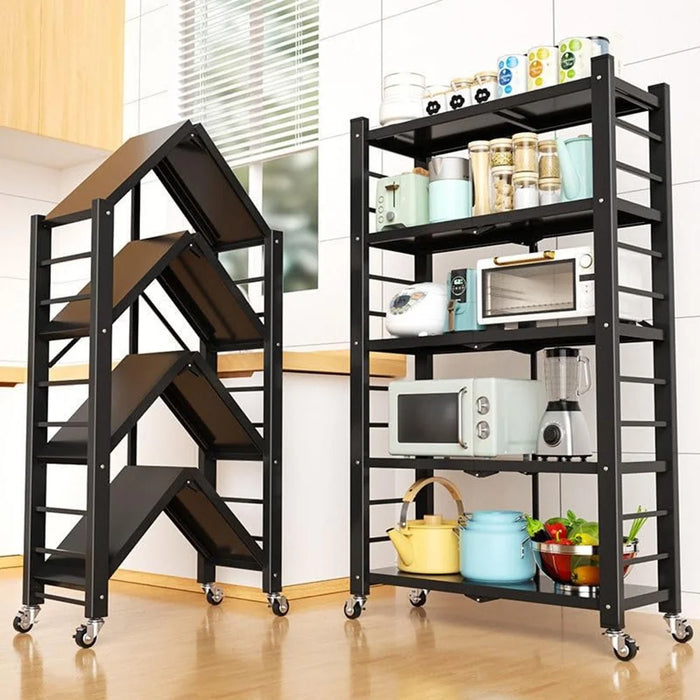 5 Tiers Foldable Kitchen Storage Rack Heavy Duty Carbon Steel Shelf for Microwave Oven with Wheels - Black - 5