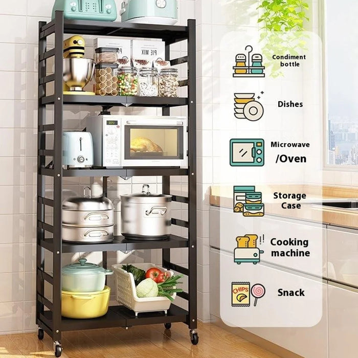 5 Tiers Foldable Kitchen Storage Rack Heavy Duty Carbon Steel Shelf for Microwave Oven with Wheels - Black - 7