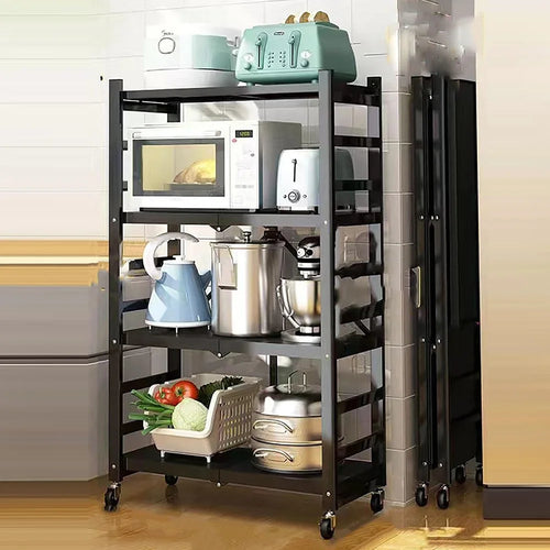 4 Tiers Foldable Kitchen Storage Rack Heavy Duty Carbon Steel Shelf for Microwave Oven with Wheels - Black - 1
