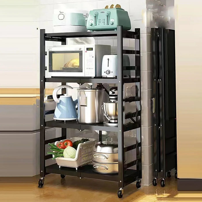 4 Tiers Foldable Kitchen Storage Rack Heavy Duty Carbon Steel Shelf for Microwave Oven with Wheels - Black - 1