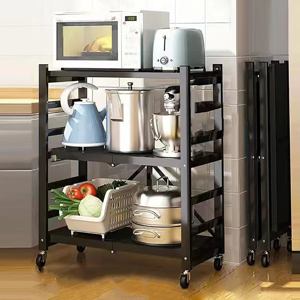3 Tiers Foldable Kitchen Storage Rack Heavy Duty Carbon Steel Shelf for Microwave Oven with Wheels - Black - 1