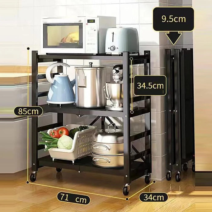 3 Tiers Foldable Kitchen Storage Rack Heavy Duty Carbon Steel Shelf for Microwave Oven with Wheels - Black - 2