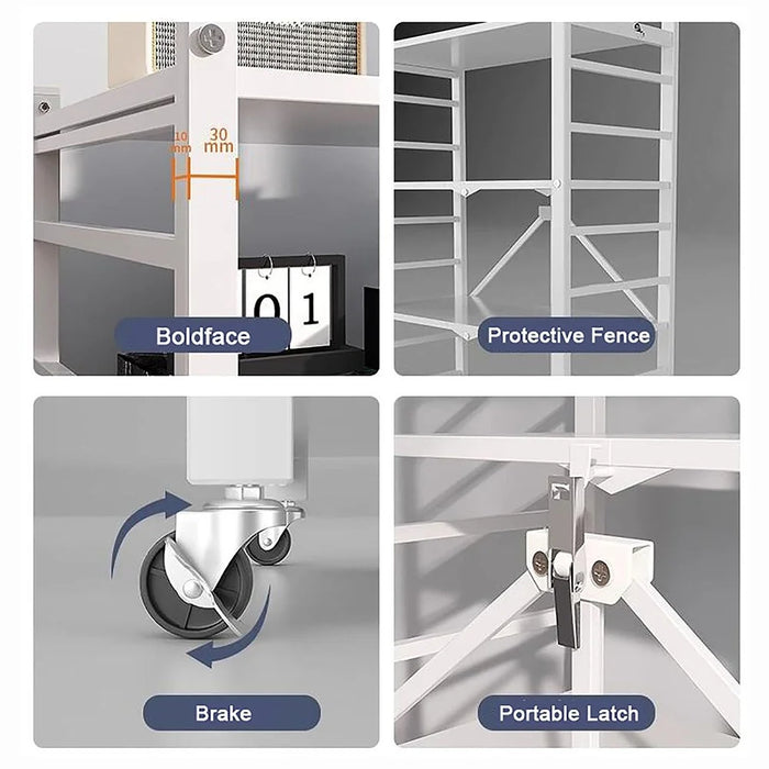 3 Tiers Foldable Kitchen Storage Rack Heavy Duty Carbon Steel Shelf for Microwave Oven with Wheels - Black - 4