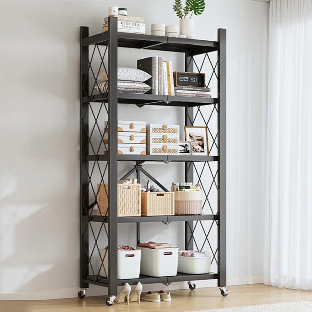 5 Tiers Foldable Carbon Steel Storage Rack for Kitchen Living Room Multipurpose Organizer Shelf with Wheels - Black - 1