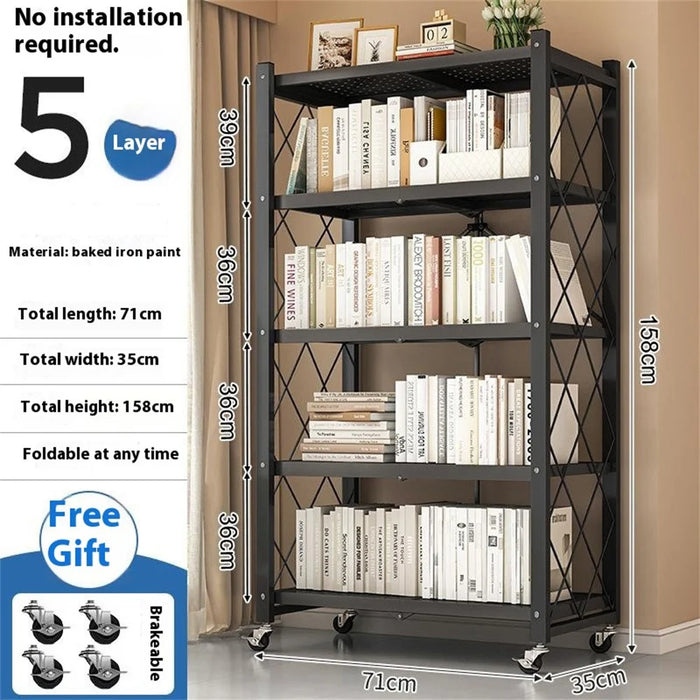 5 Tiers Foldable Carbon Steel Storage Rack for Kitchen Living Room Multipurpose Organizer Shelf with Wheels - Black - 2
