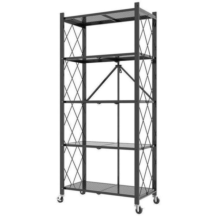 5 Tiers Foldable Carbon Steel Storage Rack for Kitchen Living Room Multipurpose Organizer Shelf with Wheels - Black - 3