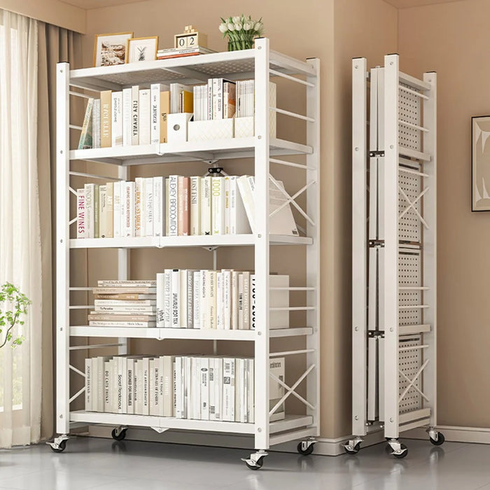 5 Tiers Foldable Carbon Steel Storage Rack for Kitchen Living Room Multipurpose Organizer Shelf with Wheels - Black - 4