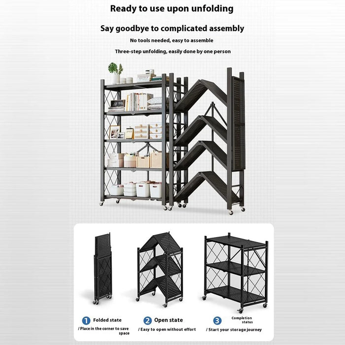 5 Tiers Foldable Carbon Steel Storage Rack for Kitchen Living Room Multipurpose Organizer Shelf with Wheels - Black - 5