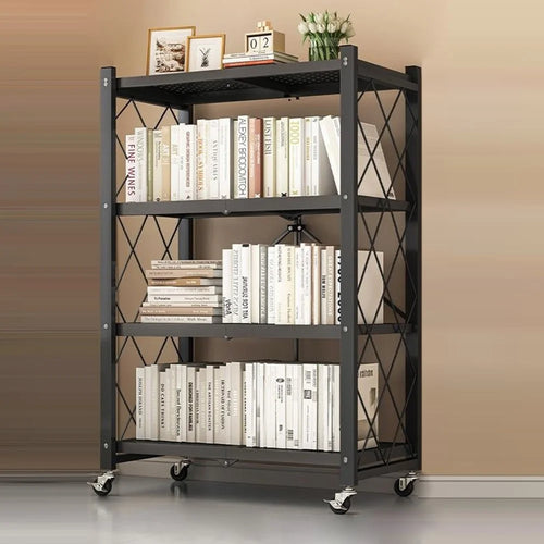 4 Tiers Foldable Carbon Steel Storage Rack for Kitchen Living Room Multipurpose Organizer Shelf with Wheels - Black - 1