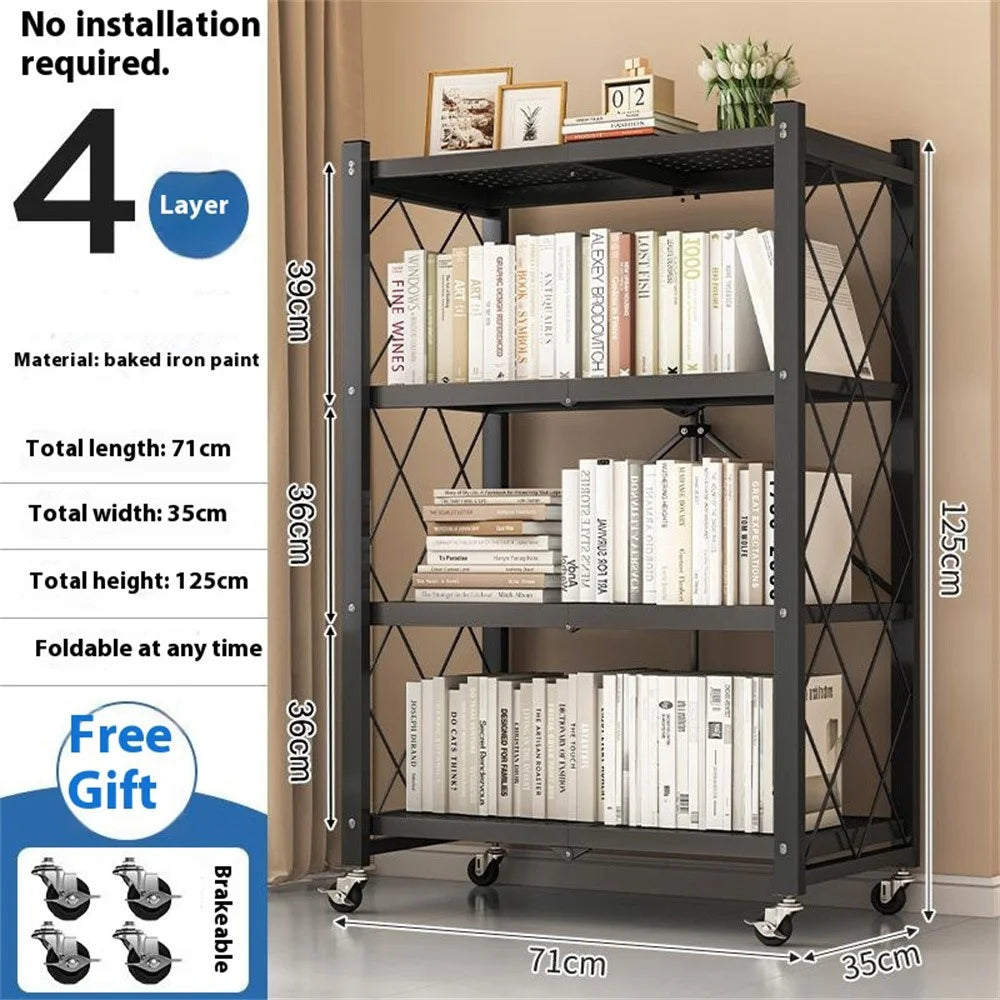 4 Tiers Foldable Carbon Steel Storage Rack for Kitchen Living Room Multipurpose Organizer Shelf with Wheels - Black - 2
