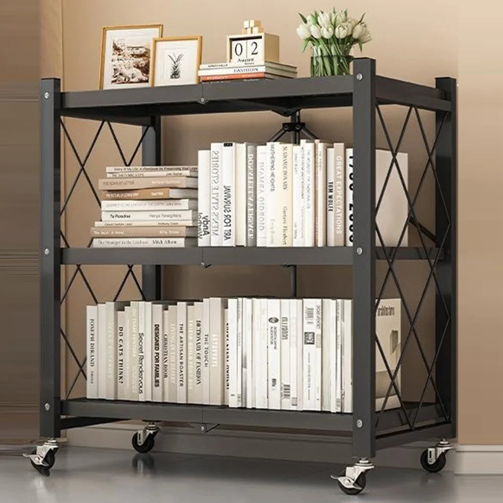 3 Tiers Foldable Carbon Steel Storage Rack for Kitchen Living Room Multipurpose Organizer Shelf with Wheels - Black - 1
