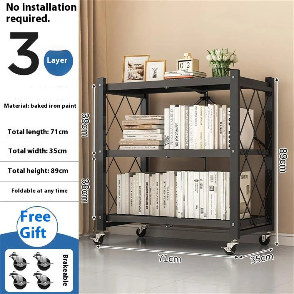 3 Tiers Foldable Carbon Steel Storage Rack for Kitchen Living Room Multipurpose Organizer Shelf with Wheels - Black - 2