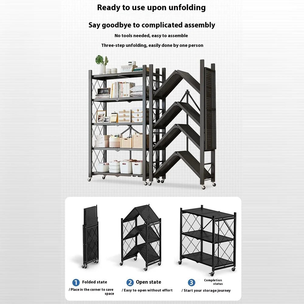 3 Tiers Foldable Carbon Steel Storage Rack for Kitchen Living Room Multipurpose Organizer Shelf with Wheels - Black - 3
