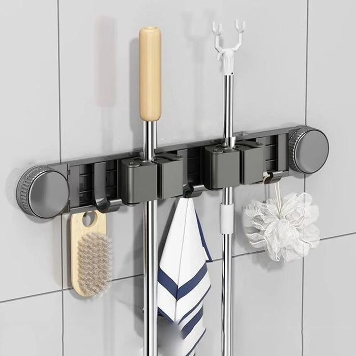 Bathroom Suction Cup Mop Holder with 2 Racks + 3 Hooks Wall Mounted No Drill Broom Holder Storage Tool Organizer - 1