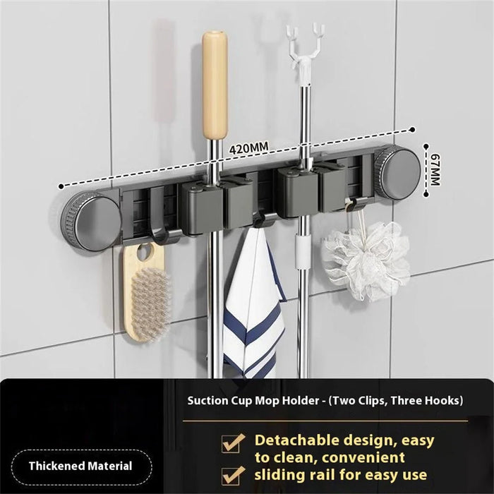 Bathroom Suction Cup Mop Holder with 2 Racks + 3 Hooks Wall Mounted No Drill Broom Holder Storage Tool Organizer - 2
