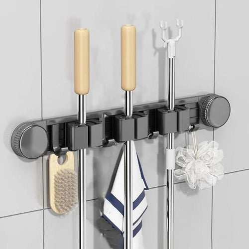 Bathroom Suction Cup Mop Holder with 3 Racks + 4 Hooks Wall Mounted No Drill Broom Holder Storage Tool Organizer - 1