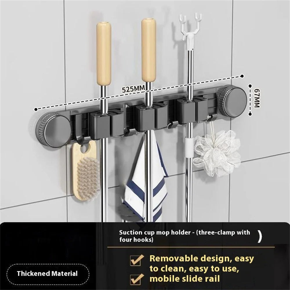 Bathroom Suction Cup Mop Holder with 3 Racks + 4 Hooks Wall Mounted No Drill Broom Holder Storage Tool Organizer - 2