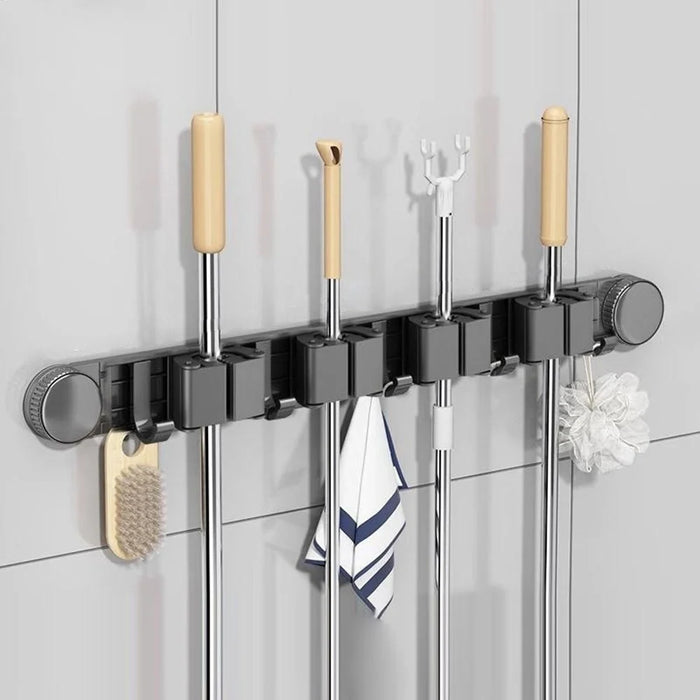 Bathroom Suction Cup Mop Holder with 4 Racks + 5 Hooks Wall Mounted No Drill Broom Holder Storage Tool Organizer - 1