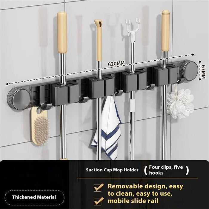 Bathroom Suction Cup Mop Holder with 4 Racks + 5 Hooks Wall Mounted No Drill Broom Holder Storage Tool Organizer - 2