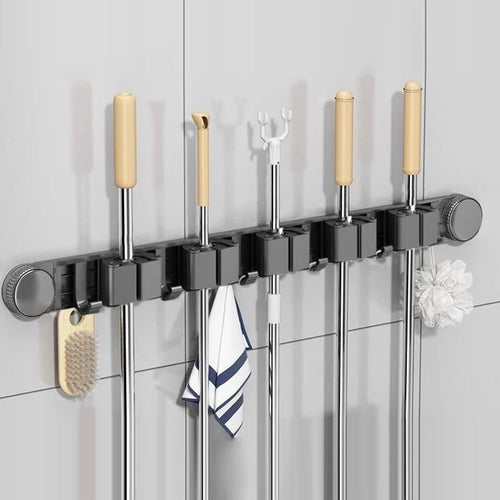 Bathroom Suction Cup Mop Holder with 5 Racks + 6 Hooks Wall Mounted No Drill Broom Holder Storage Tool Organizer - 1