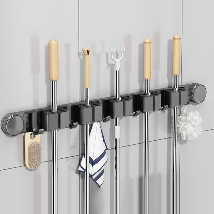Bathroom Suction Cup Mop Holder with 5 Racks + 6 Hooks Wall Mounted No Drill Broom Holder Storage Tool Organizer - 1