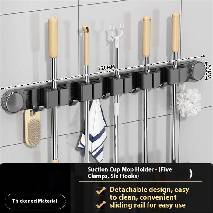 Bathroom Suction Cup Mop Holder with 5 Racks + 6 Hooks Wall Mounted No Drill Broom Holder Storage Tool Organizer - 2