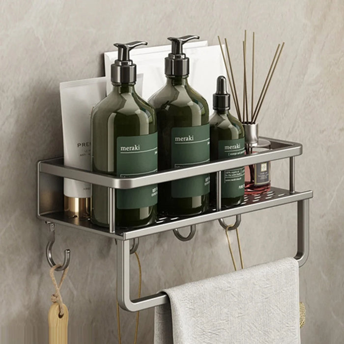 30cm Bathroom Storage Rack with Hooks and Towel Bar Wall Mounted No Drill Ventilated Draining Organizer - 1